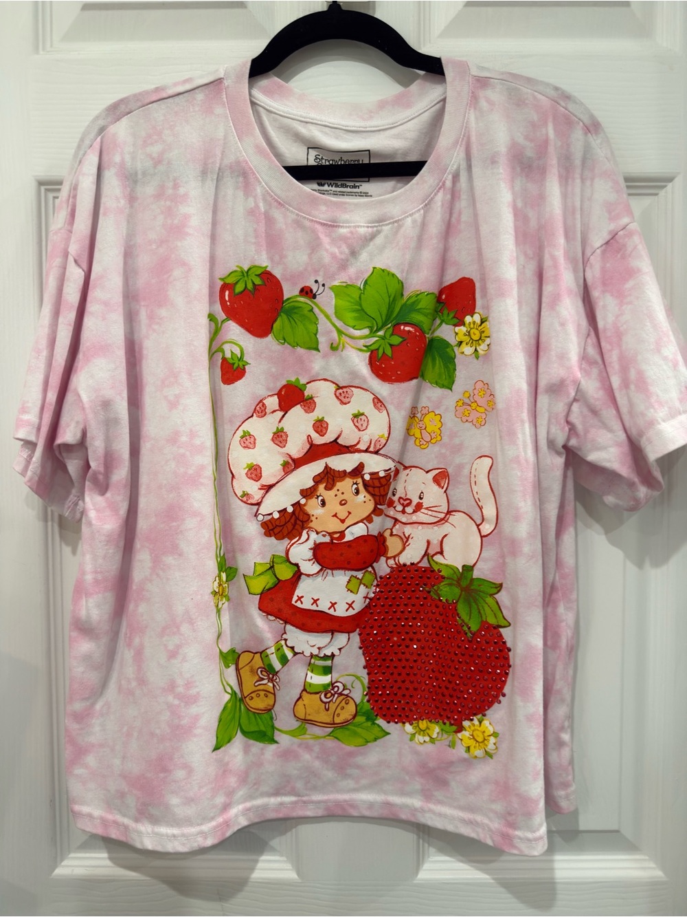Strawberry Shortcake Pink Tie-Dye Graphic Tee with Rhinestone Details